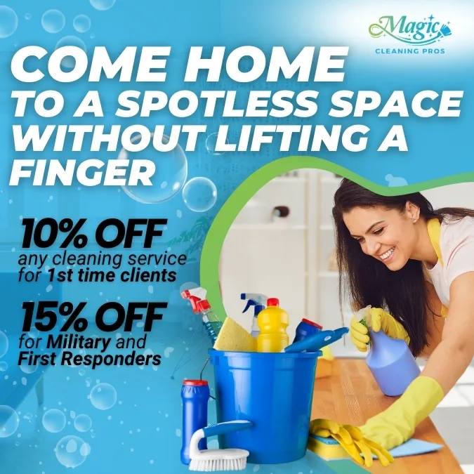 A woman wearing gloves cleans a kitchen counter with cleaning supplies; text offers 10% off for first-time clients and 15% off for military and first responders.