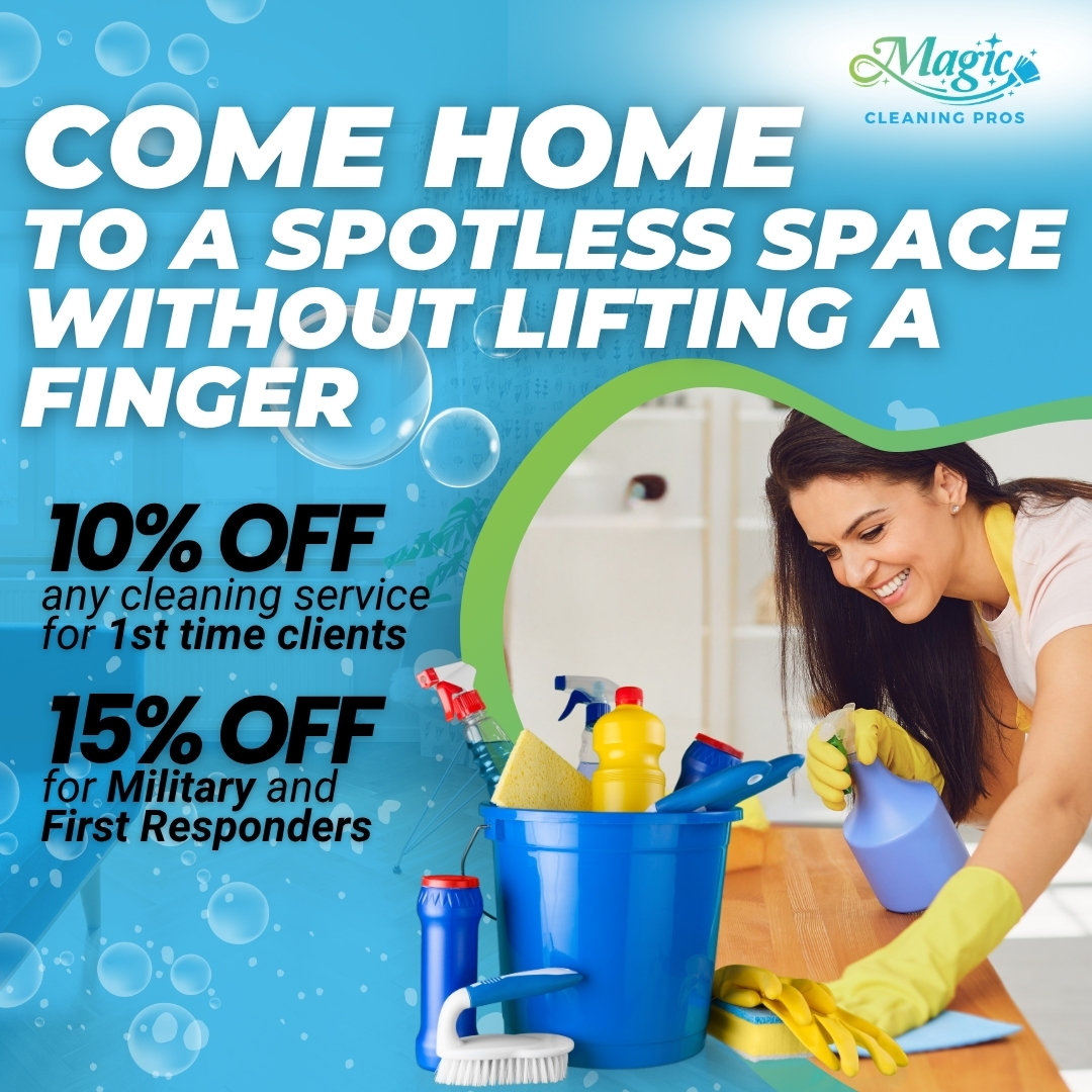 Smiling woman in yellow gloves cleans a countertop with a bucket of supplies; text advertises cleaning service discounts for first-time clients, military, and first responders.