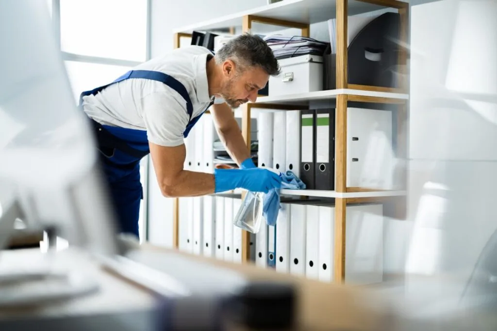 Wearing gloves, a person demonstrates how to maintain a germ-free office by diligently cleaning a shelf filled with binders.