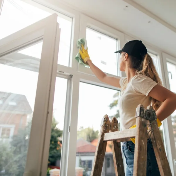 A person in a cap and gloves is providing window cleaning services while standing on a ladder, ensuring all areas are spotless with a cloth.