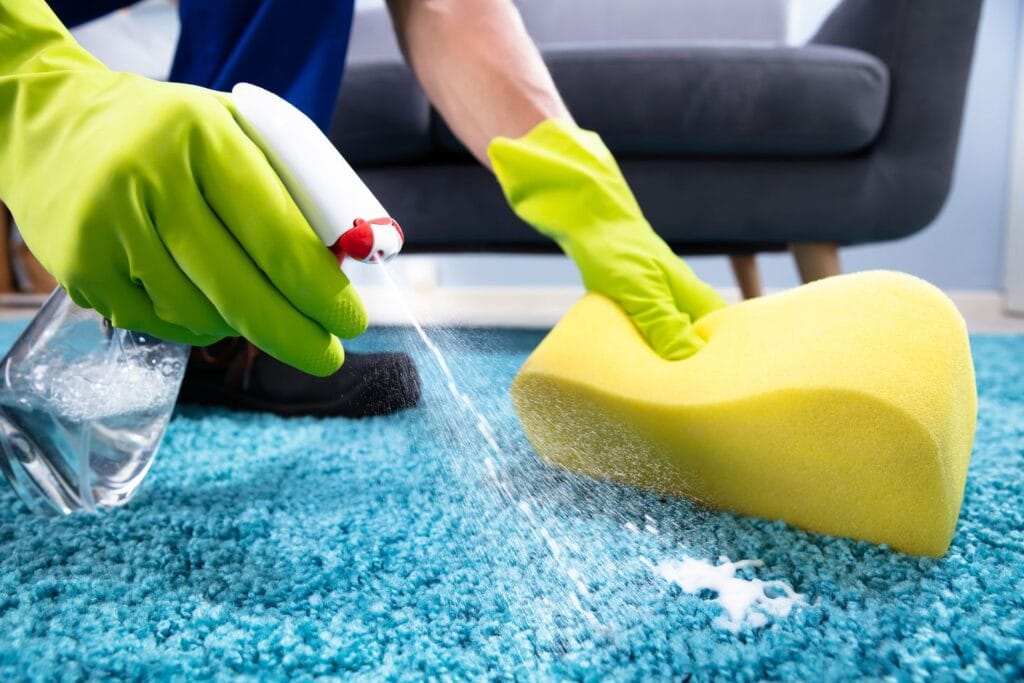 A person wearing green gloves uses a spray bottle and yellow sponge to expertly tackle carpet cleaning, refreshing the blue carpet.