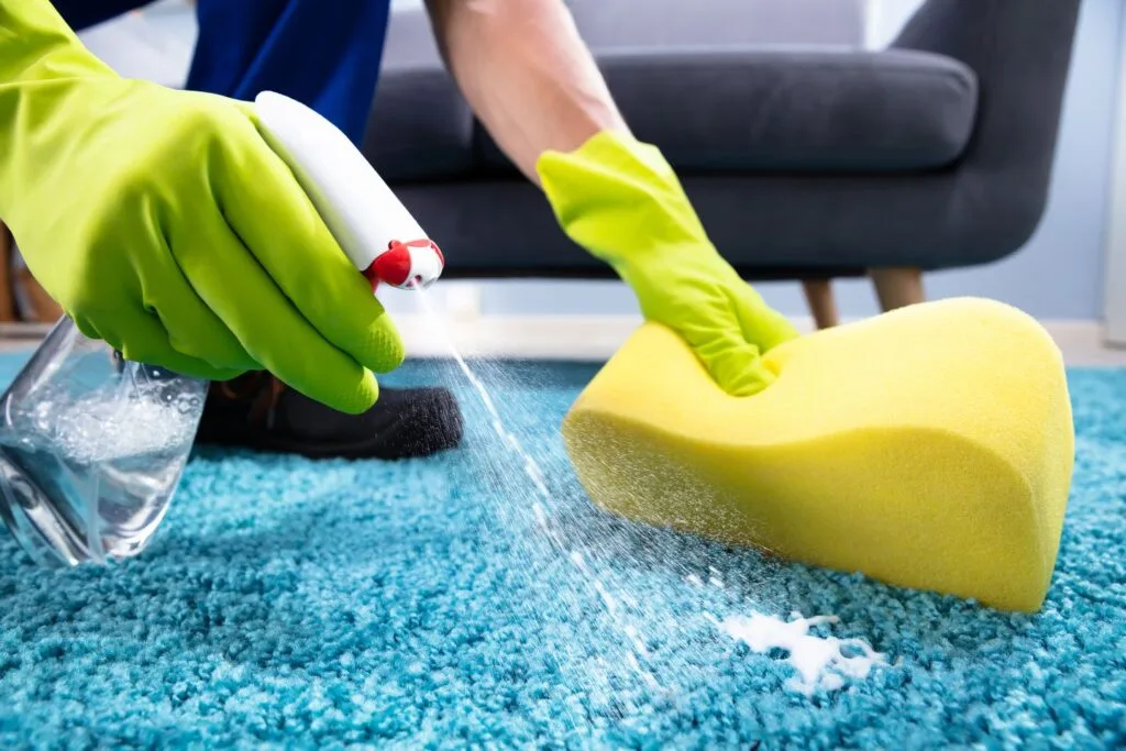 A person wearing green gloves uses a spray bottle and yellow sponge to expertly tackle carpet cleaning, refreshing the blue carpet.