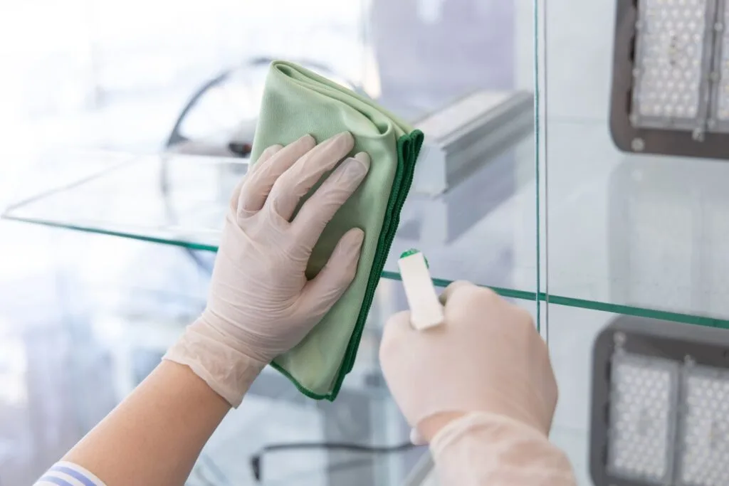 A person wearing gloves carefully wipes the glass shelf with a green cloth, enhancing the clean and welcoming atmosphere of their home.