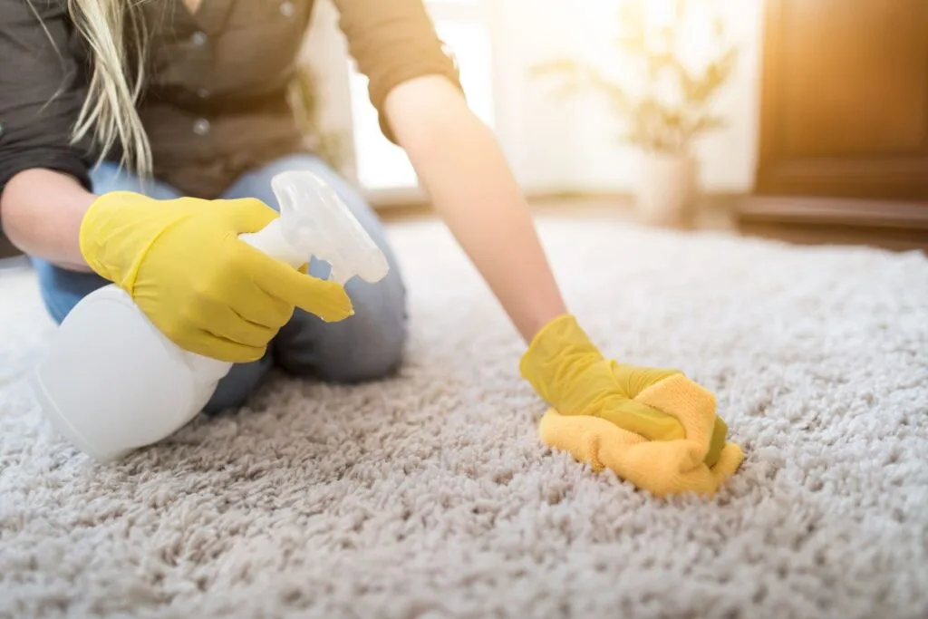 Wearing yellow gloves, a person diligently refreshes their home by cleaning a carpet with a spray bottle and cloth.