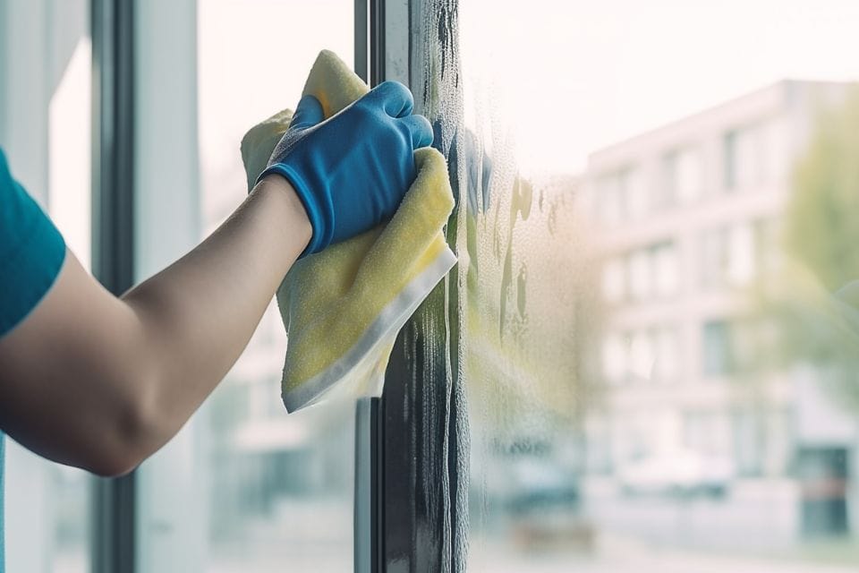 A person wearing blue gloves efficiently cleans a window with a yellow cloth, showcasing the precision typical in commercial cleaning.