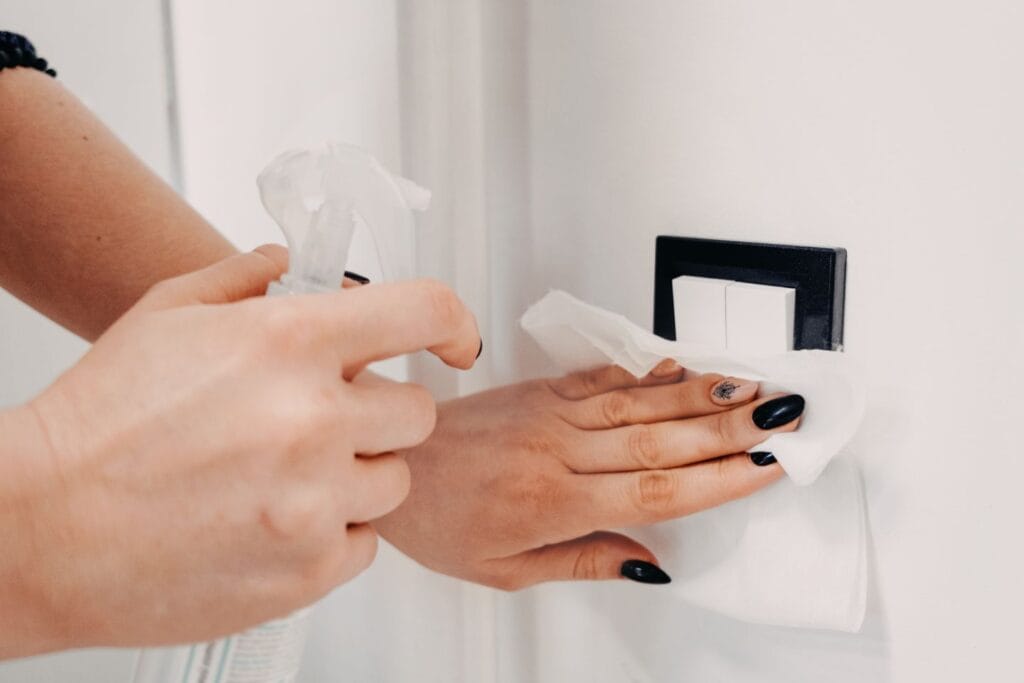 A person is disinfecting a light switch with a spray bottle and cloth.
