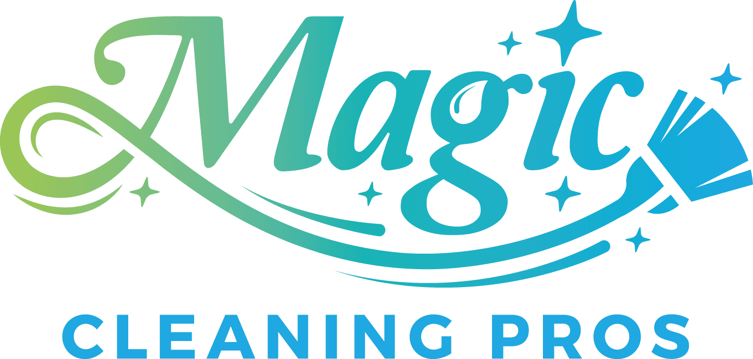 Logo for "Magic Cleaning Pros" featuring a broom and sparkles, designed in blue and green colors. Perfect as a header or for integration with Elementor to enhance your online presence.