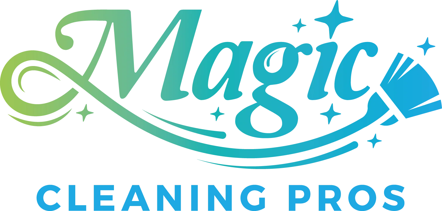 Logo for Magic Cleaning Pros with a stylized broom and sparkling stars, featuring the words "Magic Cleaning Pros" in blue and green gradient text.
