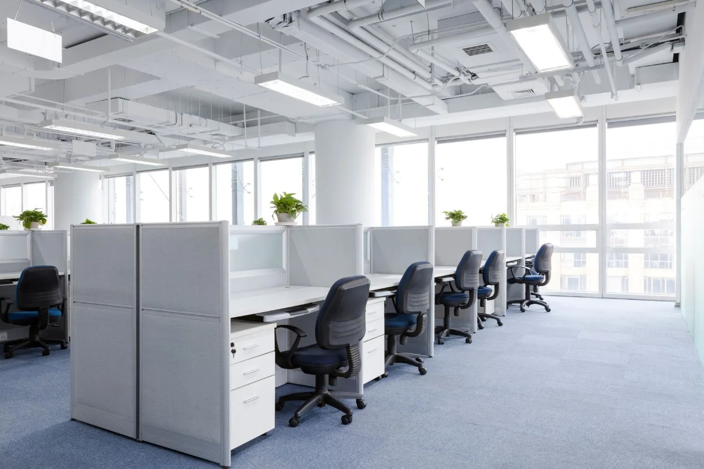 A modern office space dedicated to offering top-notch services, with rows of empty workstations, swivel chairs, and potted plants, featuring large windows allowing natural light.