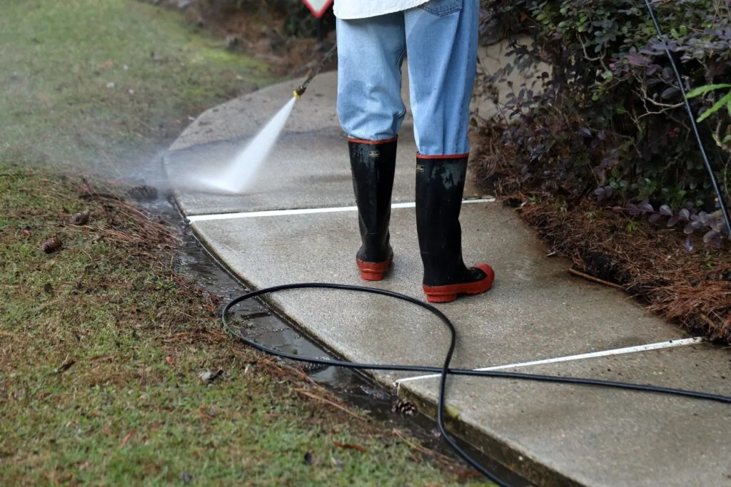 A person is pressure washing a concrete sidewalk, clad in jeans and rubber boots. A hose snakes across the grass beside them, aiding their diligent efforts.