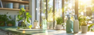 Bright sunlit office with eco-friendly cleaning supplies and potted plants on a wooden table, emphasizing natural light and a clean environment.