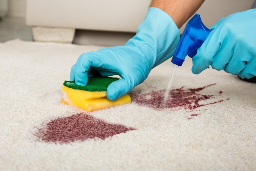 A person wearing blue gloves diligently tackles the task of removing stubborn carpet stains, cleaning a red mark on a light carpet with a sponge and spray bottle.