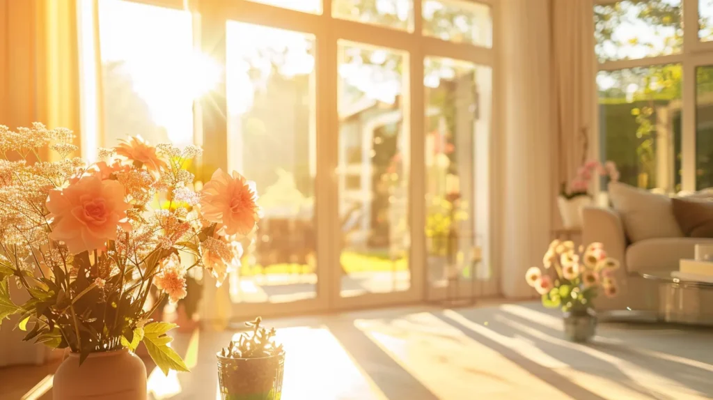 Bright, sunlit living room with floral arrangements, emphasizing a clean and inviting home environment, relevant to deep cleaning and maintaining a healthy living space.