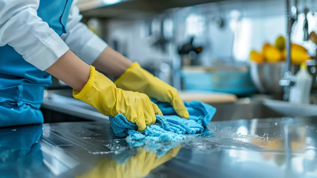 Professional cleaner in yellow gloves wiping kitchen countertop with blue cloth, emphasizing residential cleaning services in Atlanta.