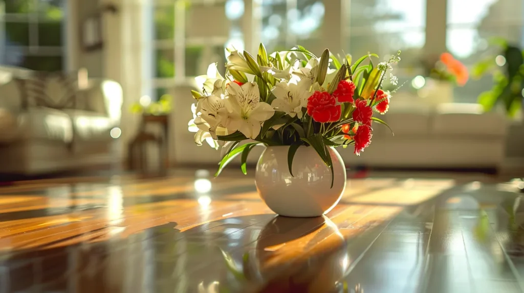 Vibrant floral arrangement in a white vase on polished hardwood floor, enhancing a sunlit living room, symbolizing freshness and cleanliness for spring cleaning.