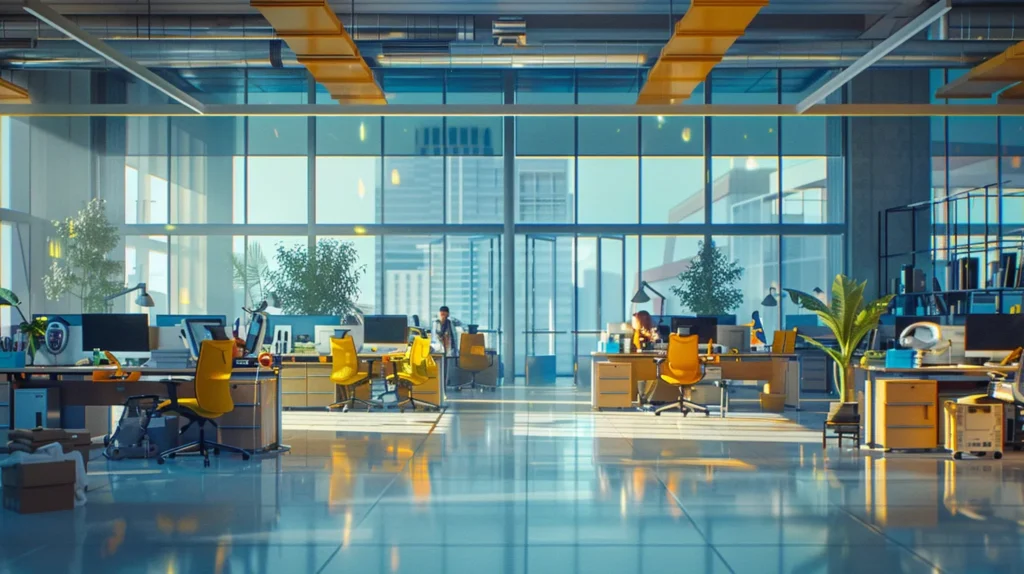 Vibrant, modern office interior with bright yellow chairs, large windows, and lush plants, illustrating a clean workspace that enhances productivity and employee well-being.