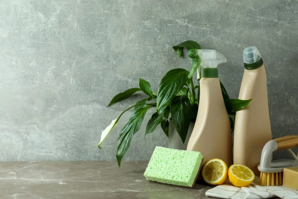 Eco-friendly cleaning products including spray bottles, a scrub brush, a sponge, and halved lemons are displayed on a stone surface with a leafy plant in the background.