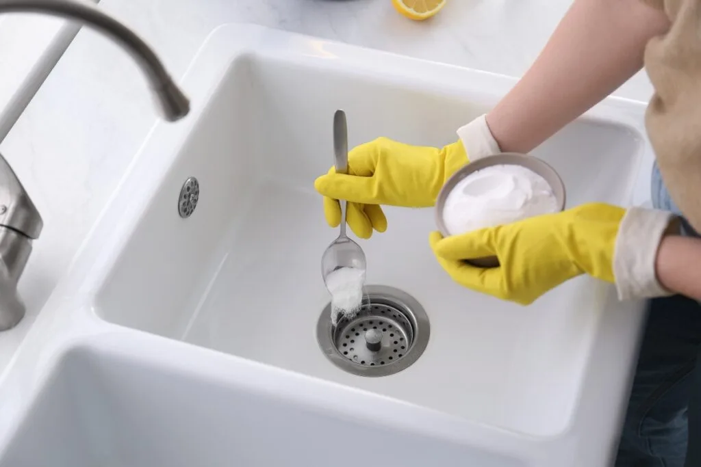 A person wearing yellow gloves pours baking soda into the kitchen sink drain using a spoon, showcasing a commitment to eco-friendly cleaning products.