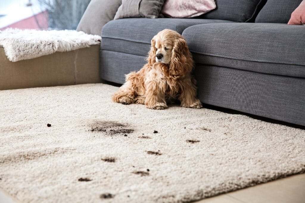 A dog sits on a carpet sprinkled with visible muddy paw prints, presenting a challenge for anyone wondering how to get tough stains out of carpet. In the background, a gray sofa and window with curtains complete the cozy yet messy scene.