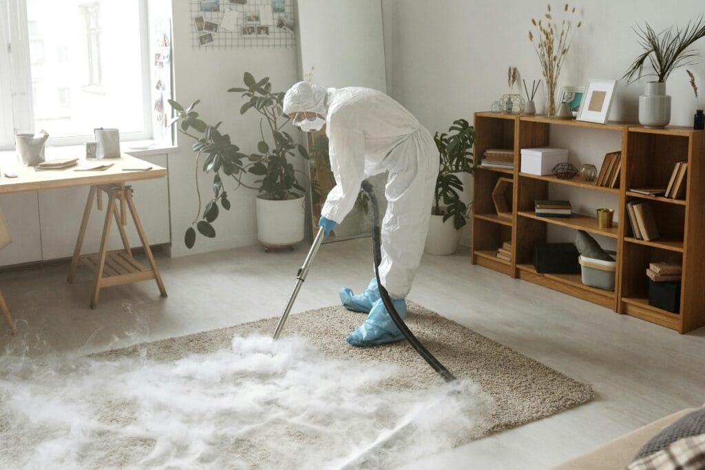 A person in protective gear expertly demonstrates how to get tough stains out of carpet, using a machine amid a room filled with furniture and lush plants.