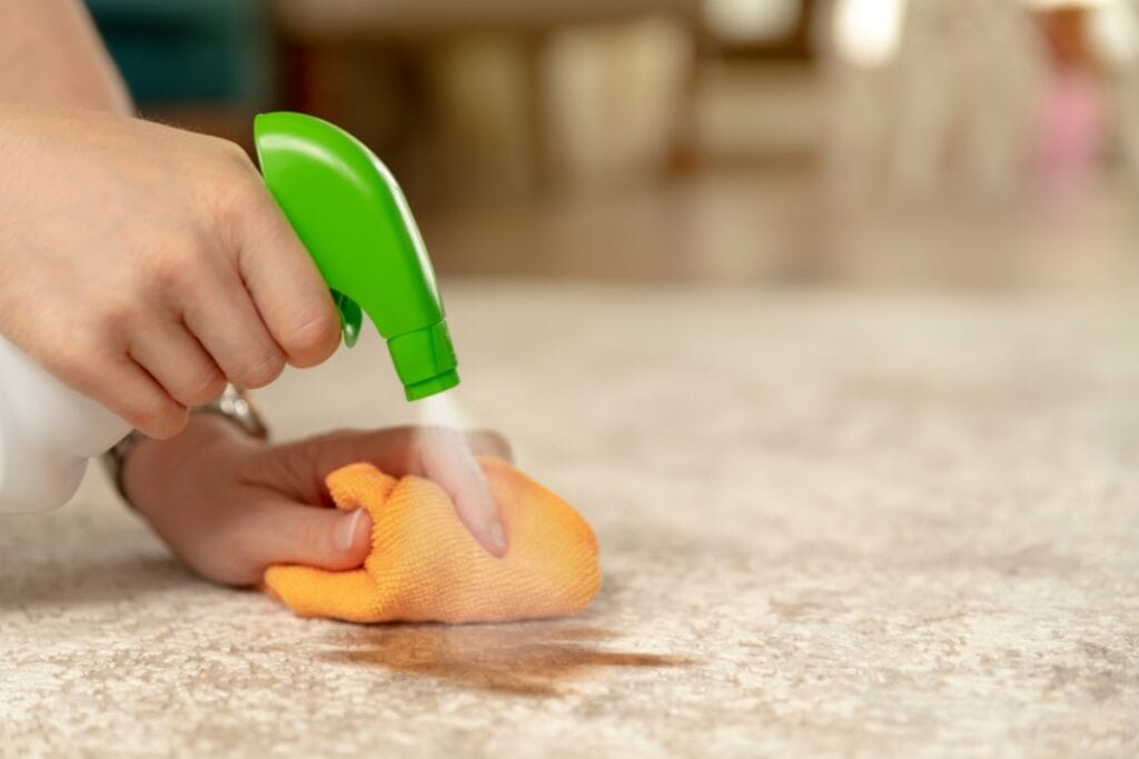 Hand sprays cleaning solution onto carpet with a green-capped bottle, using an orange cloth to scrub a visible stain, demonstrating how to get tough stains out of carpet effectively.