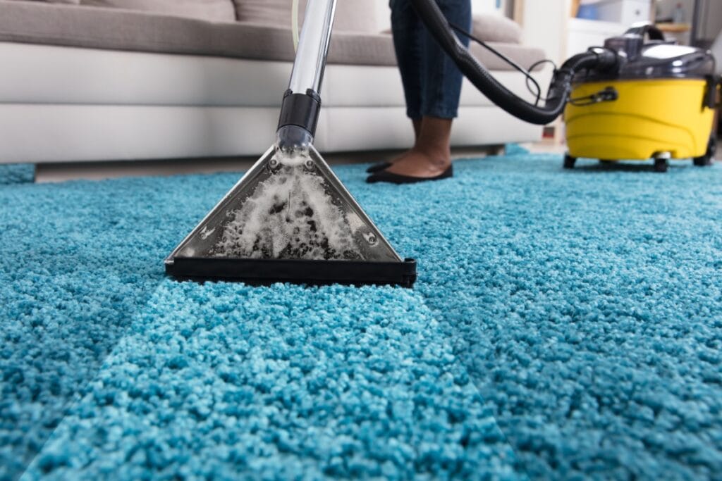 A close-up showcases a steam cleaner tackling tough carpet stains. A person stands in action, holding the cleaner, with a gray sofa and a yellow vacuum resting in the background.