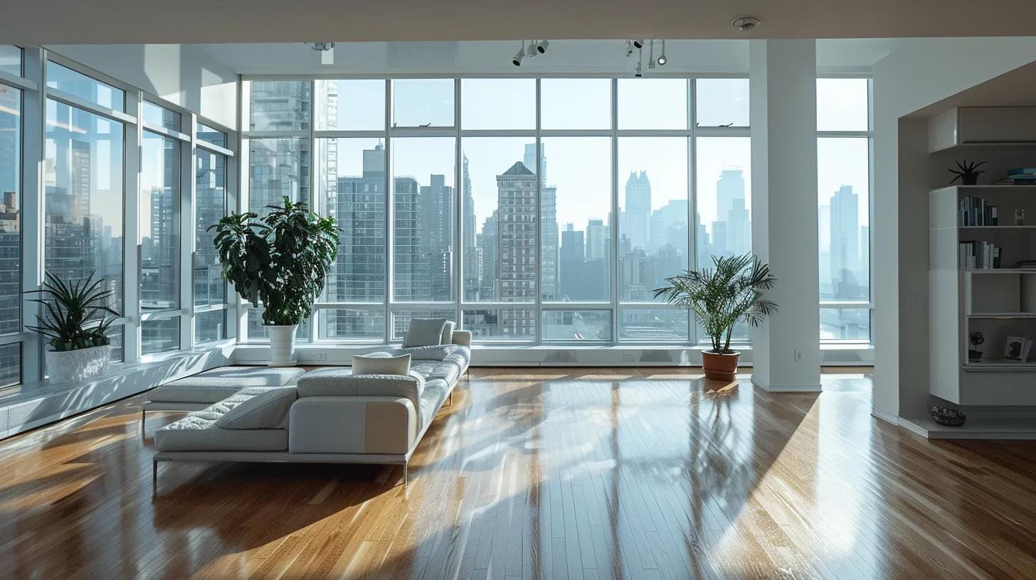 a meticulously organized and spotless rental apartment showcases the results of a thorough end-of-tenancy cleaning, with gleaming floors and pristine surfaces, set against a modern urban backdrop that emphasizes professionalism and compliance.
