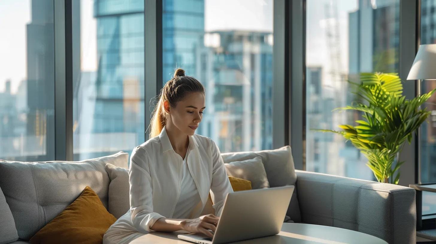 a modern, sleek office space features a professional consultant reviewing cleaning service options on a laptop, with a visually striking backdrop of a city skyline visible through large windows.