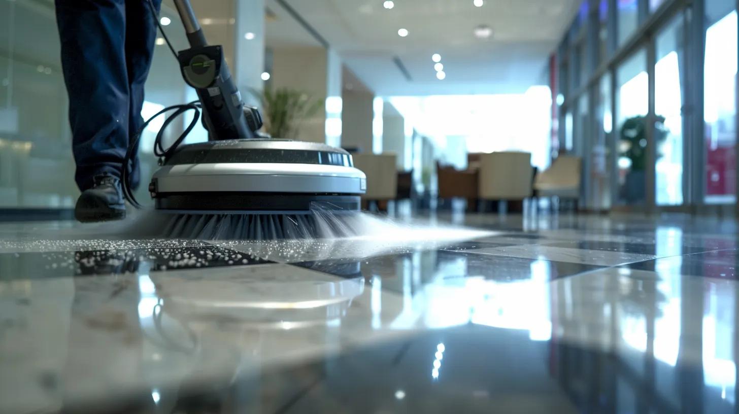 a modern, sleek office environment showcases a professional using advanced cleaning equipment on patterned tile floors, highlighting the effective removal of stubborn mold and discoloration from grout lines under bright, focused lighting.