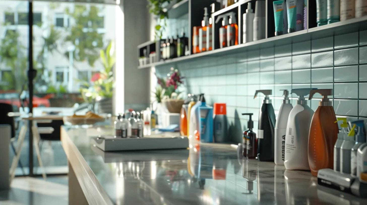 a modern, well-lit office space showcases an array of specialized tile and grout cleaning tools and products neatly arranged on a sleek workbench, highlighting their effectiveness and variety in a professional cleaning environment.