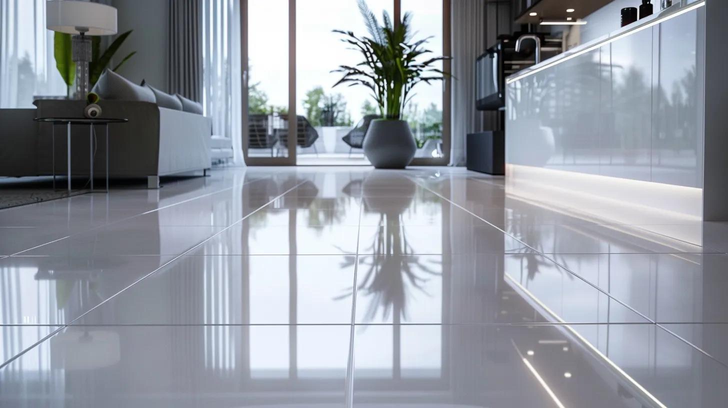 a sleek, modern kitchen showcases sparkling tile floors and pristine grout lines, illuminated by bright overhead lights, emphasizing the importance of diligent cleaning practices for maintaining a flawless appearance.