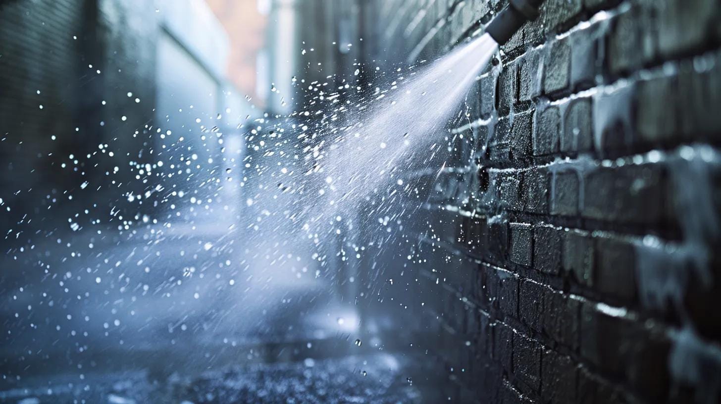 a detailed view of a pressure washer in action, powerful jets of water blasting away dirt and grime from a textured brick exterior, set within a modern urban environment.