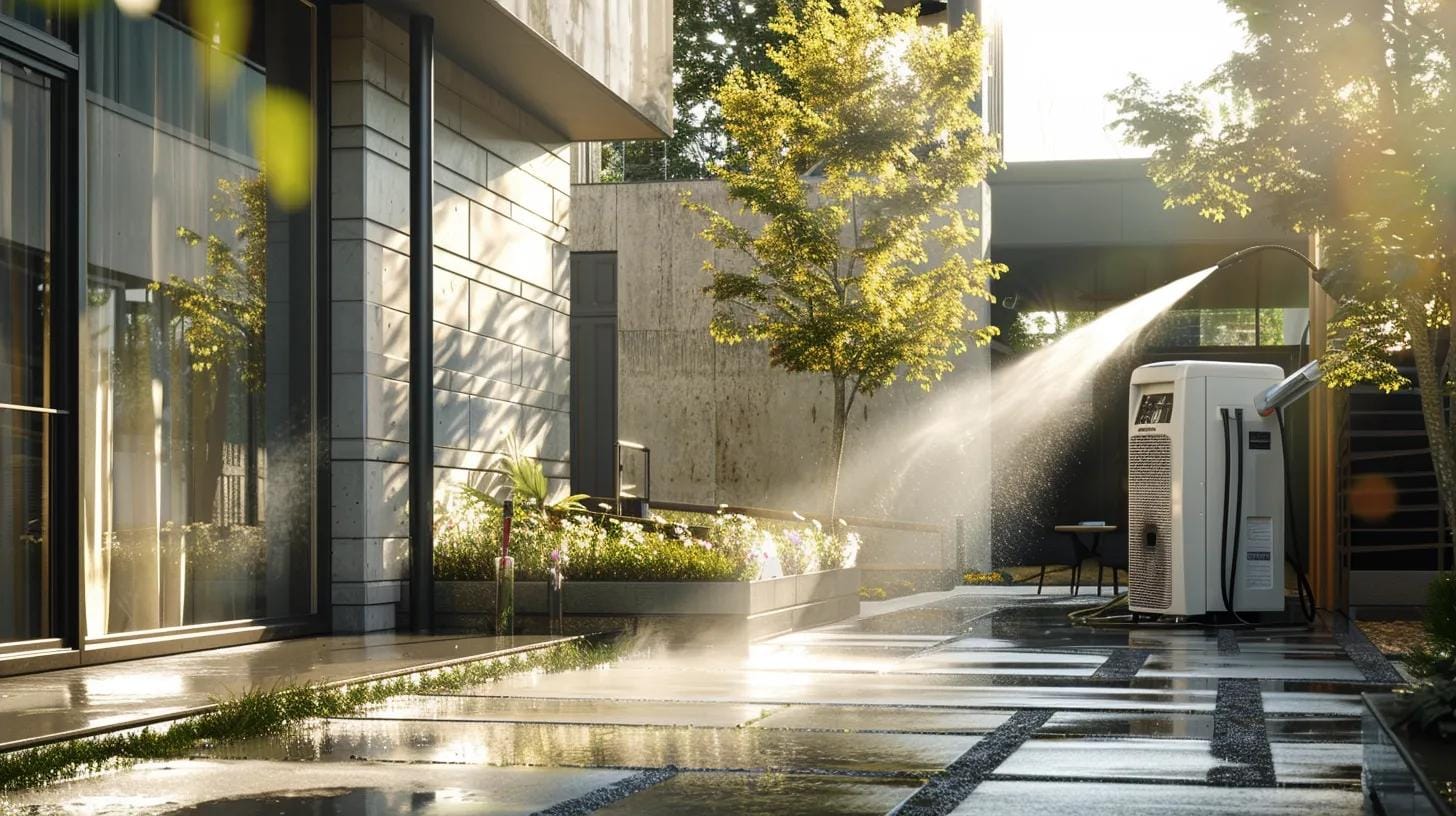 a powerful pressure washing machine stands in a modern urban setting, demonstrating its effectiveness as water jets vigorously clean the textured exterior of a well-maintained property, emphasizing the importance of proper technique in prolonging facade longevity.