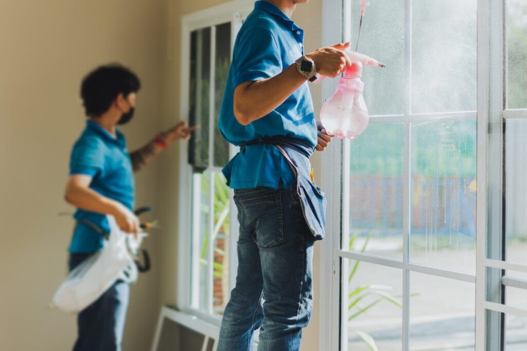 Two people wearing blue shirts clean windows; one sprays cleaner on the glass, while the other points towards the wall, possibly discussing window cleaning mistakes while holding supplies.