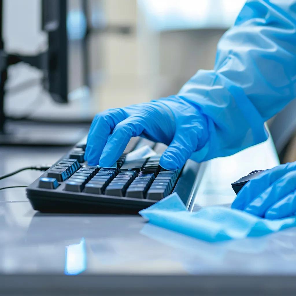 Cleaning professional sanitizing office equipment to maintain workplace hygiene