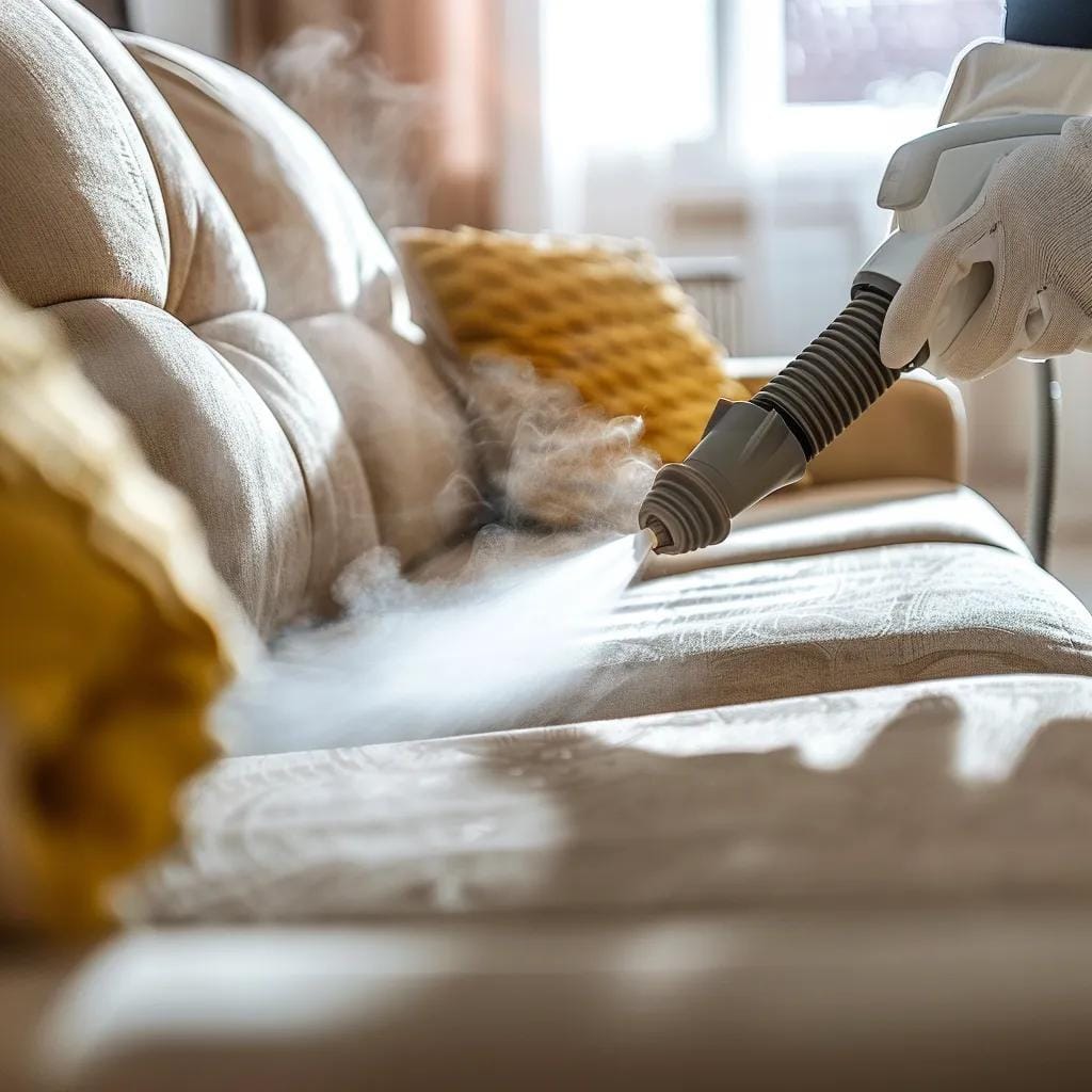 Person deep cleaning upholstery with a steam cleaner, illustrating effective home cleaning techniques for upholstery care