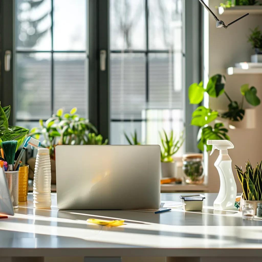 Clean office desk with organized supplies and natural light, emphasizing workplace hygiene