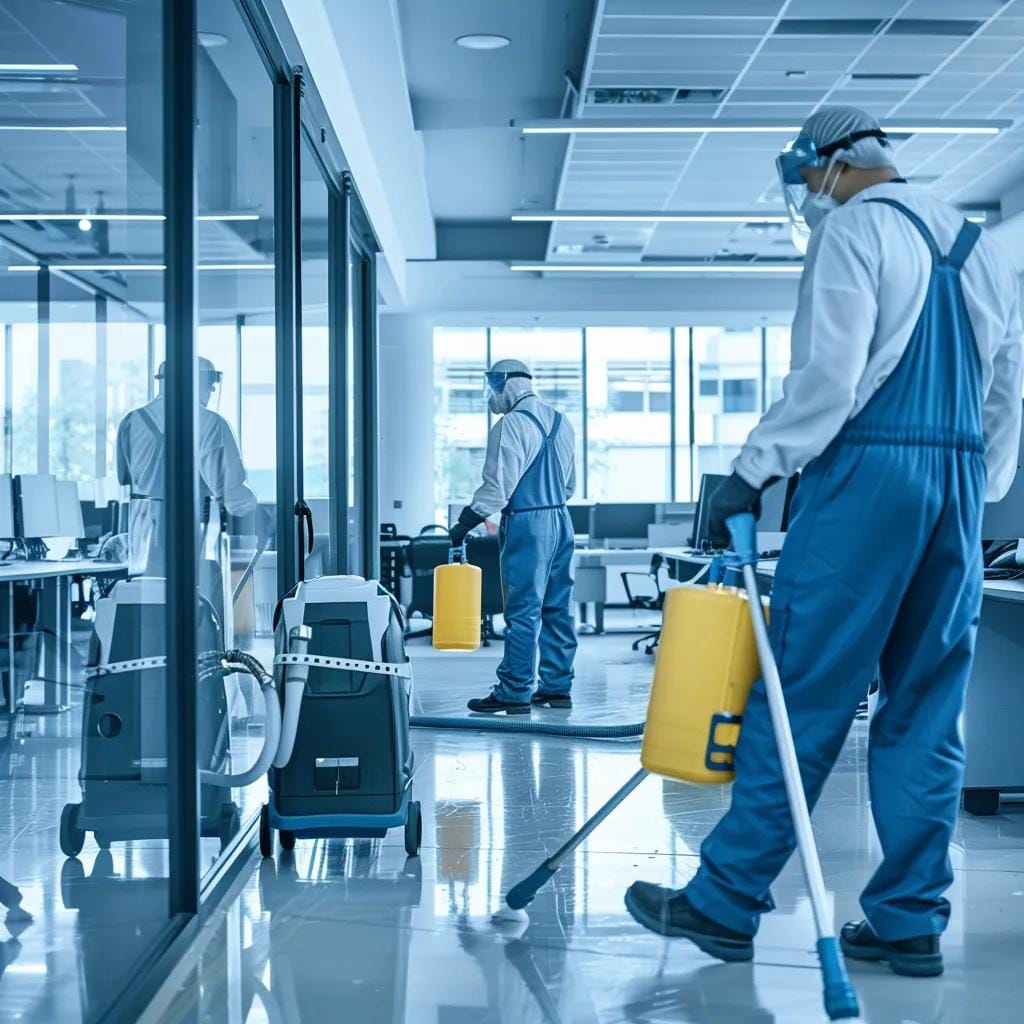 Professional cleaning team using advanced equipment to enhance office hygiene