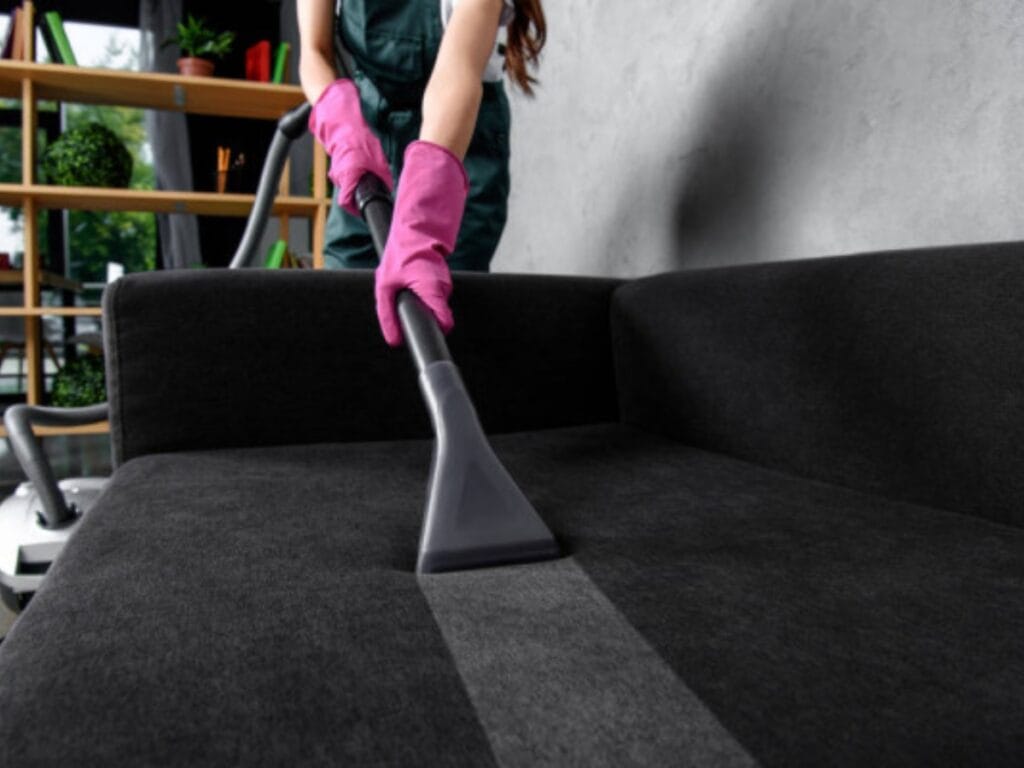 Person wearing pink gloves performing upholstery cleaning by vacuuming a dark gray sofa in a modern room with plants and shelves in the background.