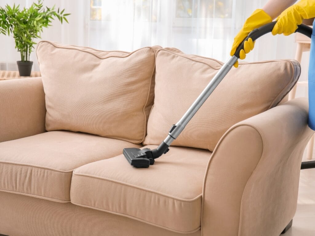 Person wearing yellow gloves vacuuming a beige couch in a bright living room with a green potted plant in the background, demonstrating effective upholstery cleaning techniques.