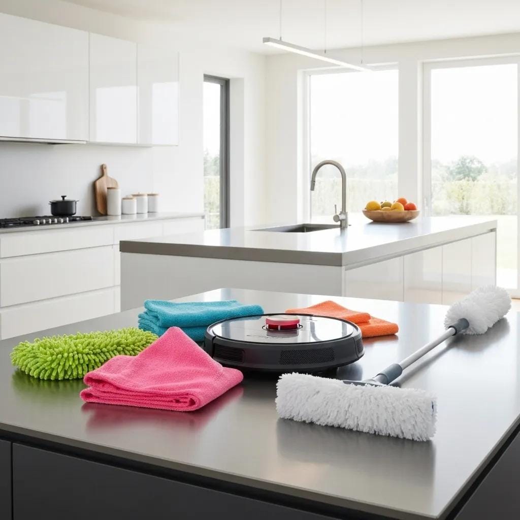Smart cleaning tools arranged on a countertop in a modern kitchen