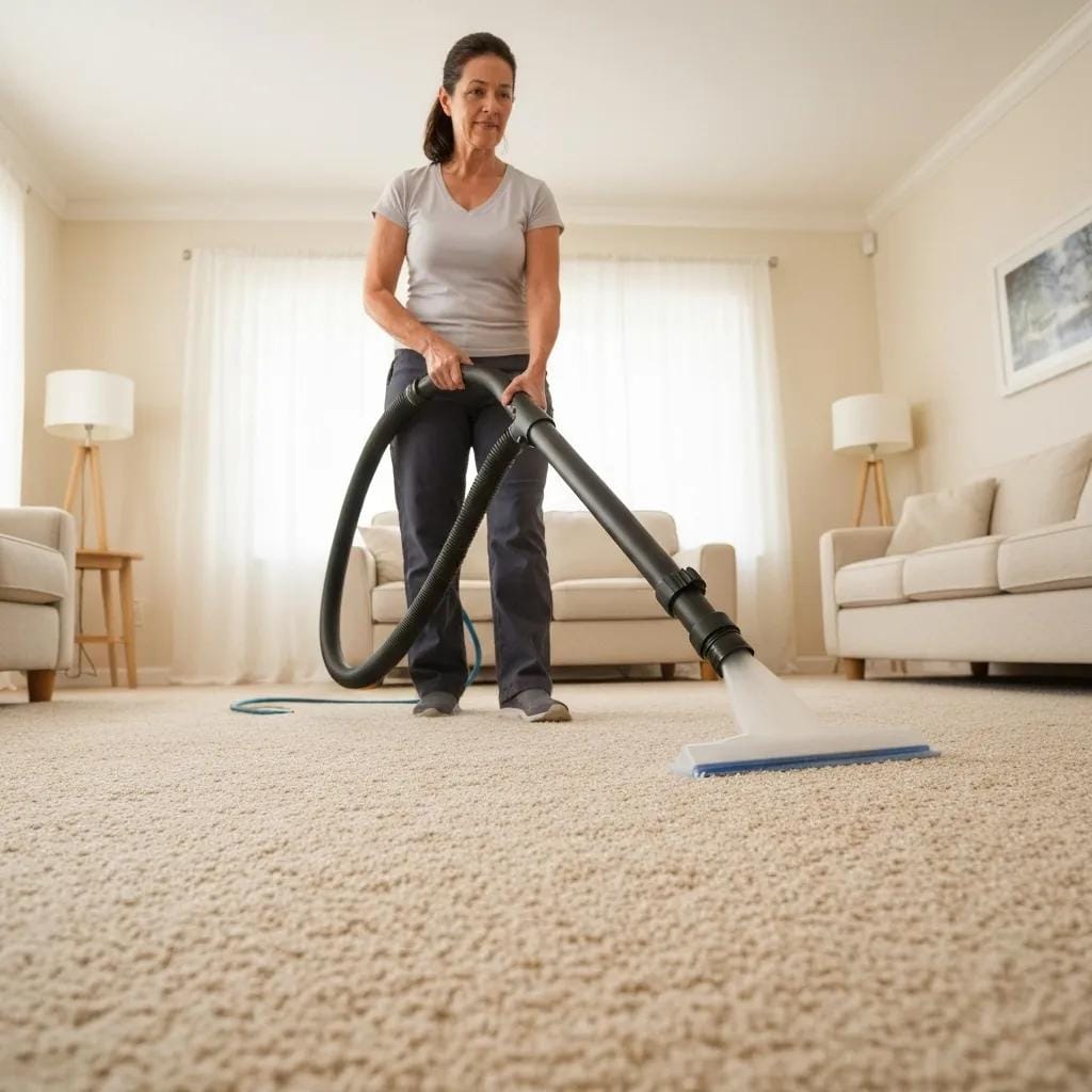 A professional carpet cleaner using the hot water extraction method, showing effective cleaning in a home setting