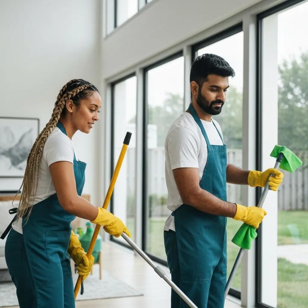 Professional cleaning team using eco-friendly products in a home