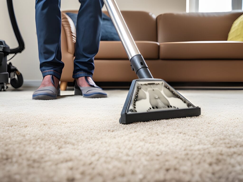 A person uses a professional carpet cleaning machine on a light-colored carpet in a living room with a sofa in the background to help extend carpet lifespan.