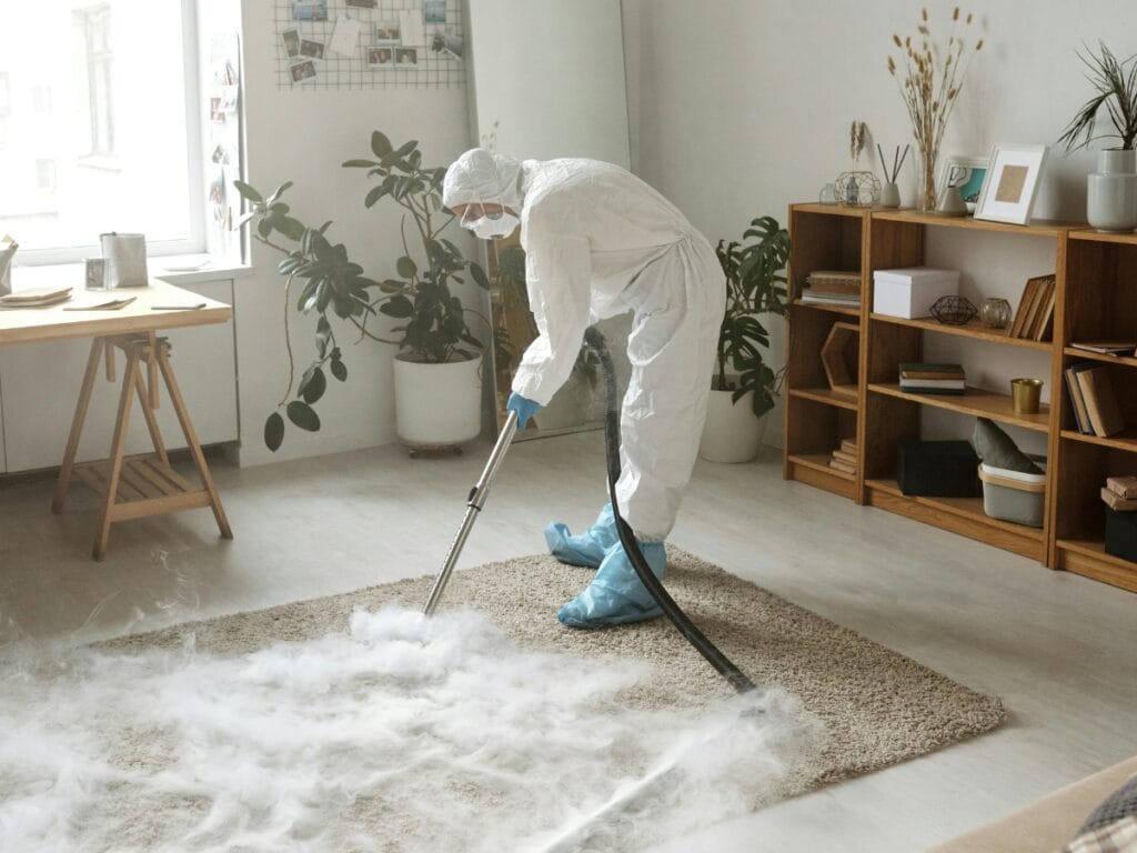 A person in protective gear uses a vacuum-like device to clean a rug in a modern, well-lit room with visible smoke or vapor on the floor, helping to extend carpet lifespan.