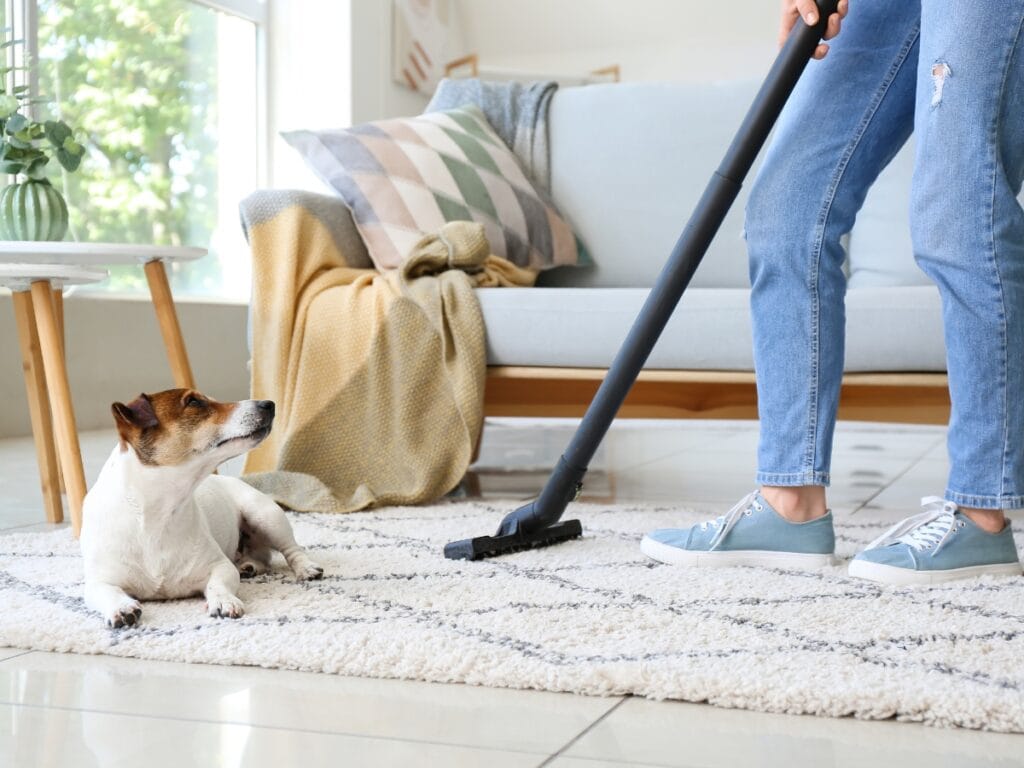 A person uses time-saving cleaning hacks to vacuum a rug in a living room while a small dog sits on the rug and watches them.