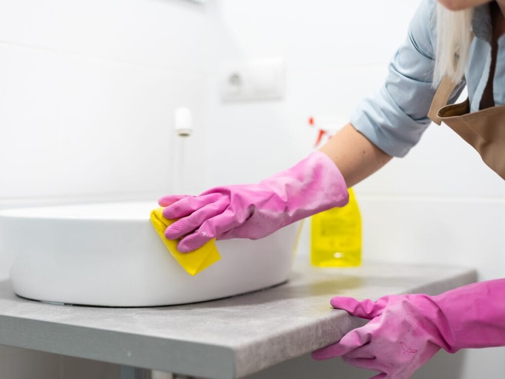 Person wearing pink gloves uses time-saving cleaning hacks to clean a bathroom sink and countertop with a yellow cloth; a spray bottle is visible in the background.