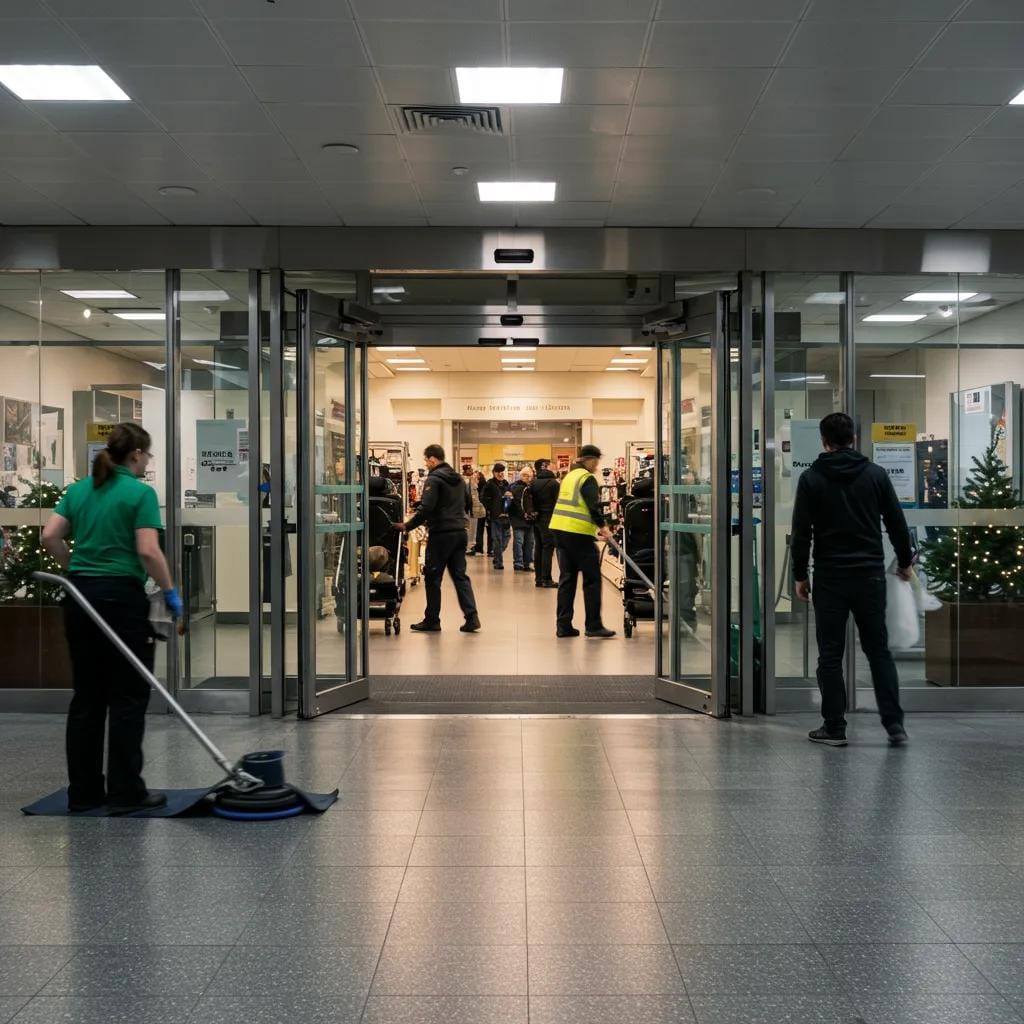 Business staff actively maintaining floors in a busy commercial area, demonstrating effective holiday cleaning strategies