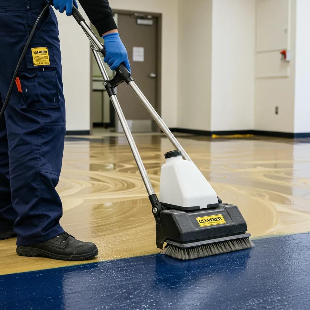A skilled technician meticulously applying floor wax during a professional strip-and-wax service for commercial spaces