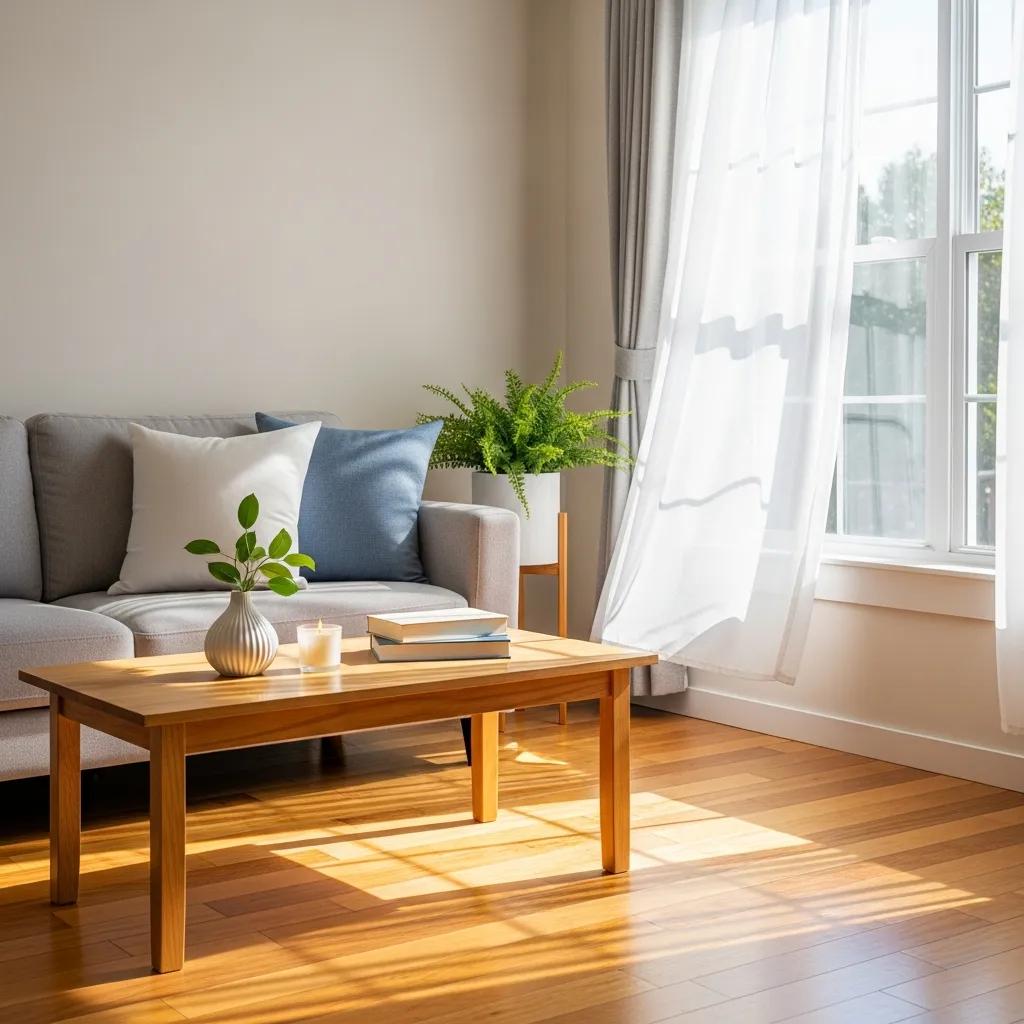 Bright and inviting living room representing cleanliness and organization for New Year cleaning resolutions
